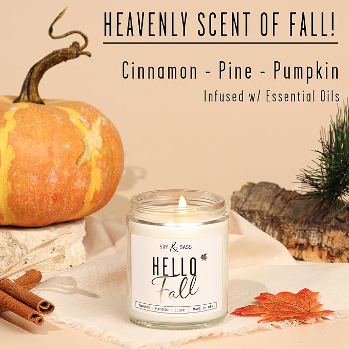 Fall Candles - 'Hello Fall Scented Candle' w/Cinnamon, Pumpkin & Fir I Infused with Essential Oils Autumn Scented Soy Candles for Home Décor, 9oz Reusable Jar, 50Hr Burn, Made in USA
