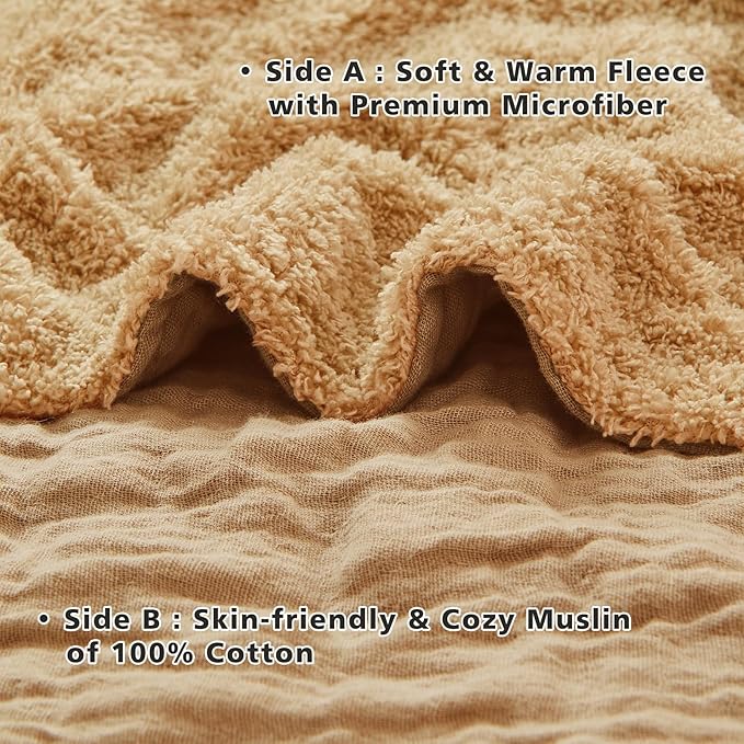 EMME Muslin and Fleece Throw Blanket Reversible - 50"*60" Beige Soft Warm Throw Blankets for Couch Bed Picnic Travel Bed