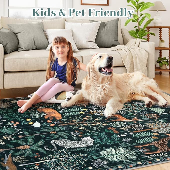 OJIA Jungle Print 8x10 Rugs for Living Room, Green Soft Bedroom Rug Washable Area Rugs 8x10, Modern Dining Room Rug Stain Resistant Floor Carpet for Playroom Kids Nursery Office, Green