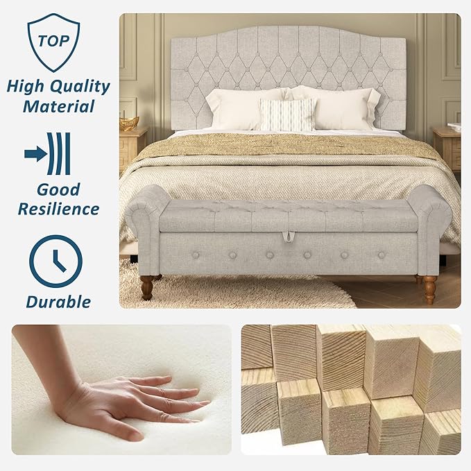 Storage Ottoman Bench for Bedroom, Linen 52" End of Bed Bench with Rolled Arms Upholstered Ottoman Bench Fit for Bedroom, Living Room, Entryway, Linen Gray