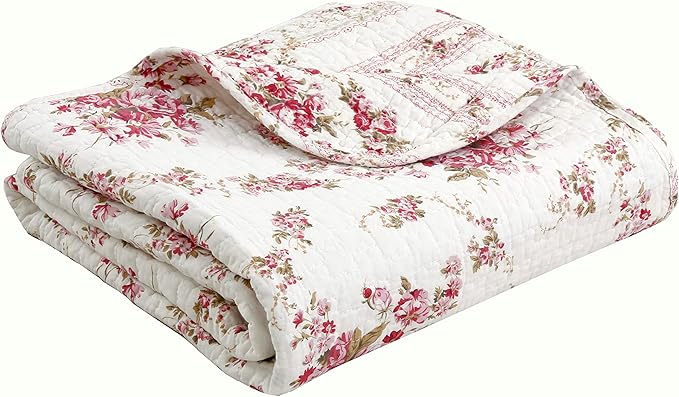 ozy Line Home Fashions Floral Reversible 100% Cotton Bedding Quilted Throw Blanket, Reversible & Lightweight, 60" x 50" Inch (Throw, Vintage Rose)