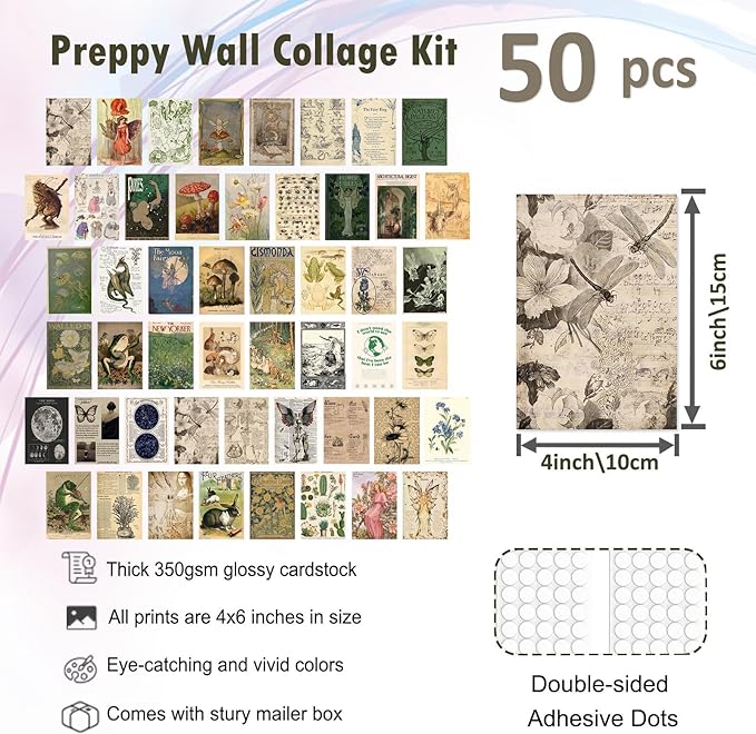 KBKBART Vintage Fairycore Decor Aesthetic Pictures, 50 Pcs Fairycore Room Decor, Retro Cottagecore Earthy Wall Art Vintage Fairy Posters Wall Collage Kit for Dorm Bedroom (4"x6")