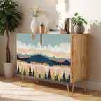 SIGNWIN Sideboard Buffet Cabinet, Kitchen Storage Cabinet with 2 Doors, Pastel Colorful Mountain Forest, Cupboard Console Table for Dining Room - 35" L x 18" W x 29" H