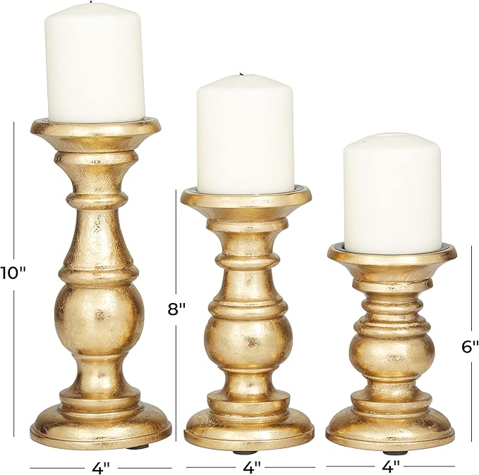 Deco 79 Mango Wood Decorative Candle Holder Turned Style Pillar Candle Stand, Set of 3 Candlestick Holder 10", 8", 6"H, Gold