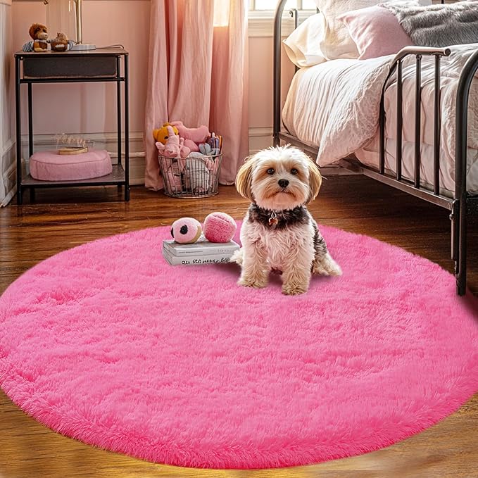 Round 4x4ft Fluffy Hot Pink Rug: Ultra Soft Furry Girls Bedroom Carpet- Oval Plush Shag Nursery Rug for Girls Room & Kids Room- Round Fuzzy Rugs, Home Decor, Non-Slip Easy Clean