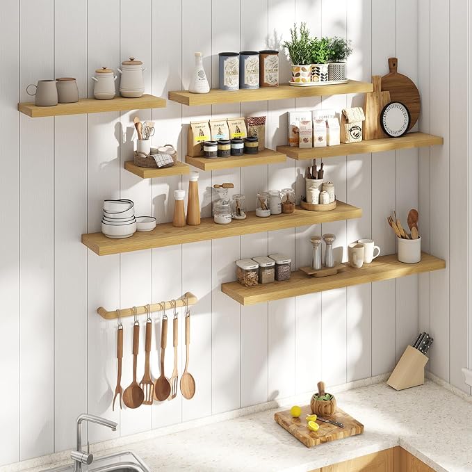 48 Inch Floating Shelves for Wall Set of 2, 8"D Wood Grain Bathroom Shelves with Invisible Brackets, Easy Install Engineered Wood Storage Shelves for Kitchen, Living Room, Bedroom, Oak Finish