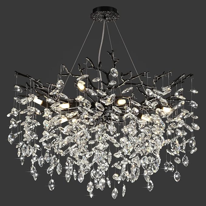 Modern Black Crystal Tree Branch Chandelier, 10-Light 30" Black K9 Crystal Chandeliers for Dining Room, Round Chandelier for Living Room,High Ceiling,Kitchen Island,Foyer,Staircase