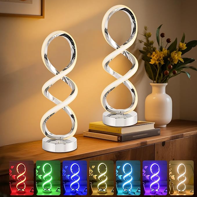 Modern Spiral RGB Table Lamp, Touch Dimmable Bedside Lamp, 7 Colors 10 Light Modes Spiral Design Table Lamp, Unique Nightstand Lamp for Living Room, Bedroom, Cool Lamps, Sliver, 2 Pack
