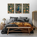 HLNIUC Peacock Framed Canvas Wall Art,Large Peacock Flower Wall Decor Set of 3(16”x24”)Modern Elegance Peacocks Floral Framed Painting,Vintage Beautiful Animal Feather Art Print for Living Room,Office