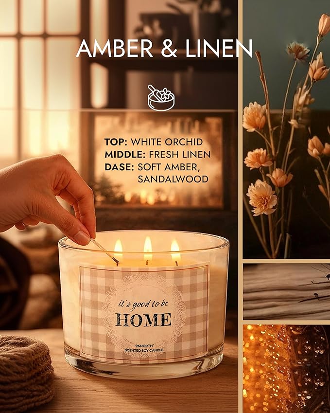 96NORTH Fresh Linen & Soft Amber Candle | Large 3 Wick Jar Candle | 12 Oz Up to 50 Hours Burning Time | 100% All Natural Soy Wax | Relaxing Aromatherapy Candle | Housewarming Gift for Women and Men