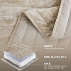 Qucover Queen/Oversized Queen Velvet Quilt and Sham Set, Luxury Velvet Comforter Bedding Set, Cream Beige Striped Quilt Bedspread, Ultra Soft Winter Coverlet for All Seasons