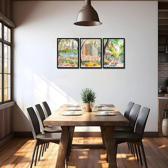 MUWAK Framed New York City Canvas Wall Art Set of 3 – Colorful NYC Skyline Central Park Yellow Taxi Posters, Modern Urban Landscape Wall Decor for Living Room Bedroom Office – 12x16in