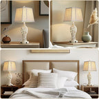 25'' Farmhouse Table Lamp for Living Room Bedroom, 2 USB Ports Vintage Rustic Nightstand Desk Lamp with Nightlight, White Hollow Out Resin Lamp for End Table (Bulb Included)