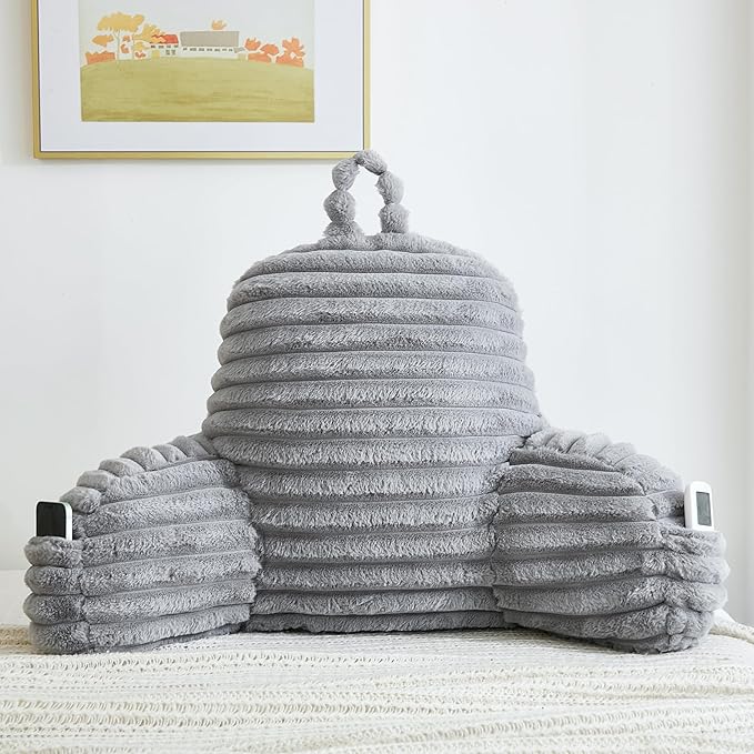 Faux Fur Fluffy Gray Reading Pillow with Pockets, Luxury Striped Plush Decorative, Arm Rests and Back Surport for Bed Rest, Lounging on sofa, Standard