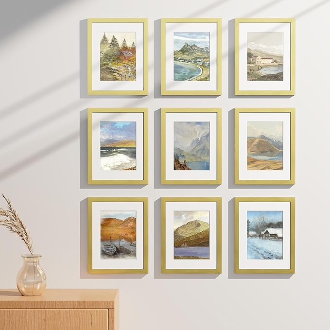 Vittanly 8.5x11 Picture Frames Set of 9, Shatter Resistant Plexiglass, Display 6x8 Pictures with Mat or 8.5x11 without Mat, Photo Frames for Wall or Tabletop, Engineered Wood, Gold