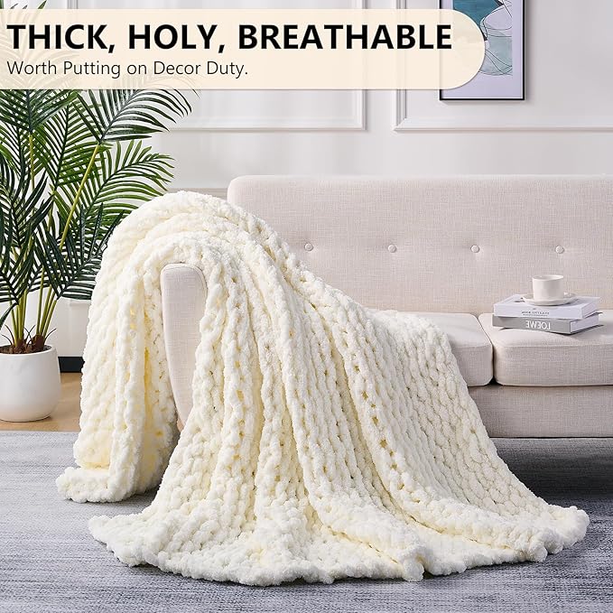 L'AGRATY Chunky Knit Blanket Throw: Soft Chenille Yarn Throw Blanket 50x60 - Handmade Thick Cable Crochet Blanket - Large Chunky Rope Throw Blanket for Couch Sofa Bed Home Decor(Cream White)