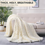 L'AGRATY Chunky Knit Blanket Throw: Soft Chenille Yarn Throw Blanket 50x60 - Handmade Thick Cable Crochet Blanket - Large Chunky Rope Throw Blanket for Couch Sofa Bed Home Decor(Cream White)