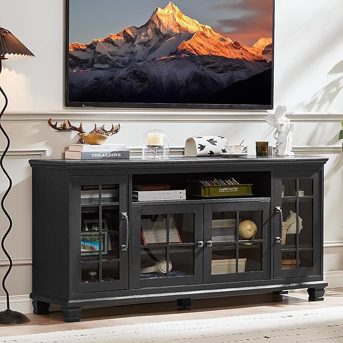 Large Black Sideboard Buffet Cabinet with Storage, Vintage Farmhouse 60" Wide Credenza Accent Cabinets with Glass Doors & Wood Legs, Kitchen Console Bar Table for Dining Room, Living Room