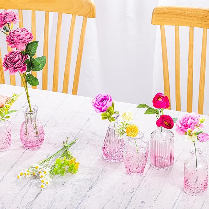 Ollieroo 24Pcs Glass Bud Vases Set, Small Pink Vases in Bulk for Flowers Arrangements, Floral Vintage Rustic Vase for Wedding Party Centerpiece Table Decorations, Entryways, Home
