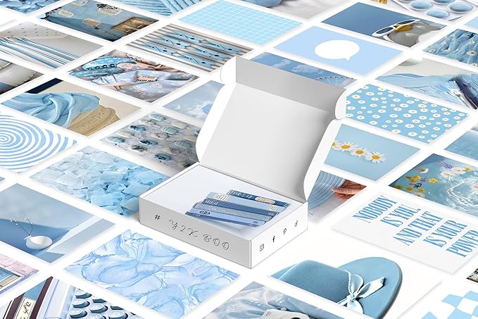 Y2K BOO Baby Blue Wall Collage Kit - 100 Aesthetic Light Blue Posters for Teen Girl Room Decor, 4"x6" Minimalist Prints for Dorms, Bedrooms & College Apartment Wall Art