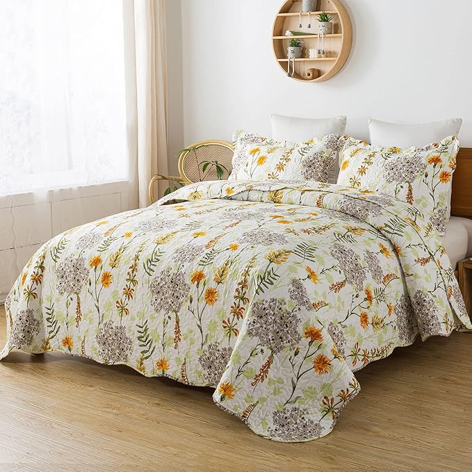Travan 3-Piece Quilt Set Quilted Bedspread Lightweight Reversible Coverlet Set Floral Printed Oversized Quilted Bedding Set with Shams for All Season, Yellow Flower, King Size
