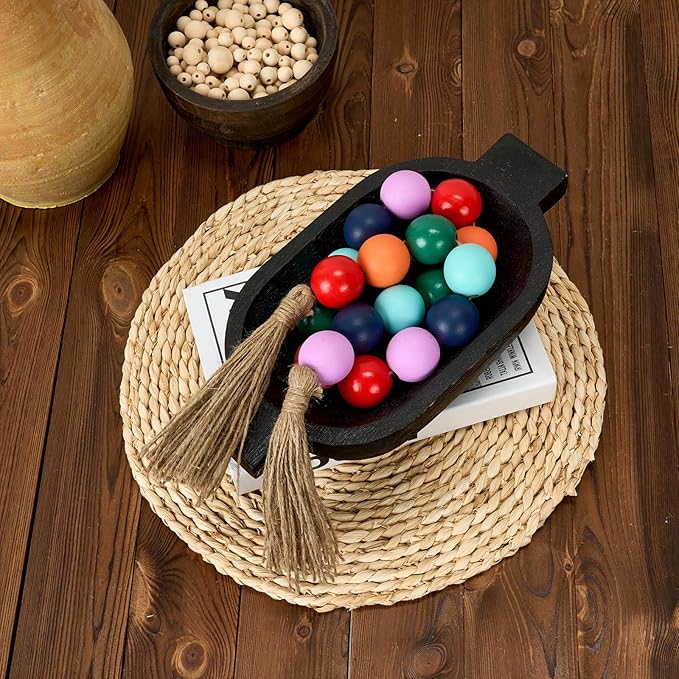 OMISHE 50" Long Extra Large Wood Bead Garland with 1.6" Diameter Wooden Beads and Tassels, Rustic Farmhouse Country Decorative Beads for Home Tiered Tray Decor, Colorful