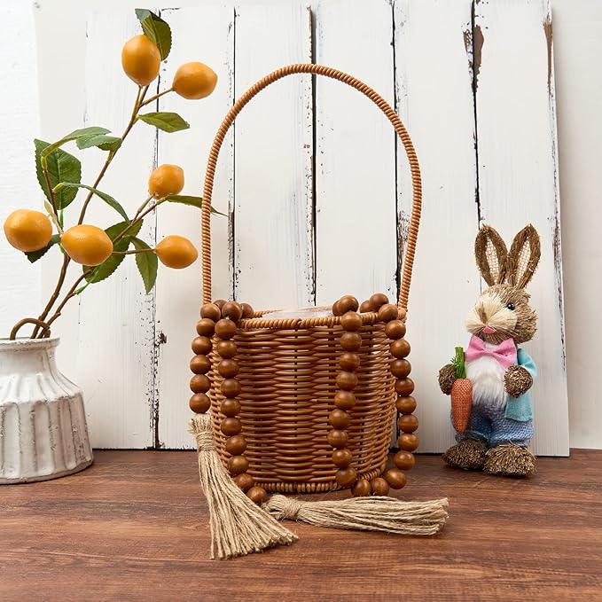 OMISHE 59in Wood Bead Garland with Tassels, Decorative Beads Decor, Farmhouse Wooden Beads Garland for Wall Hanging Home Festival Decor, Brown