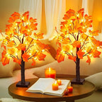 2 Pack 24 Inch Prelit Fall Maple Tree Fall Decor with 48 LED Timer Battery Operated Artificial Fall Light Up Tree Pumpkin Maple Acorn for Fall Thanksgiving Decorations Table Home Indoor Autumn Harvest