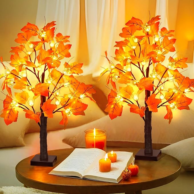 2 Pack 24 Inch Prelit Fall Maple Tree Fall Decor with 48 LED Timer Battery Operated Artificial Fall Light Up Tree Pumpkin Maple Acorn for Fall Thanksgiving Decorations Table Home Indoor Autumn Harvest