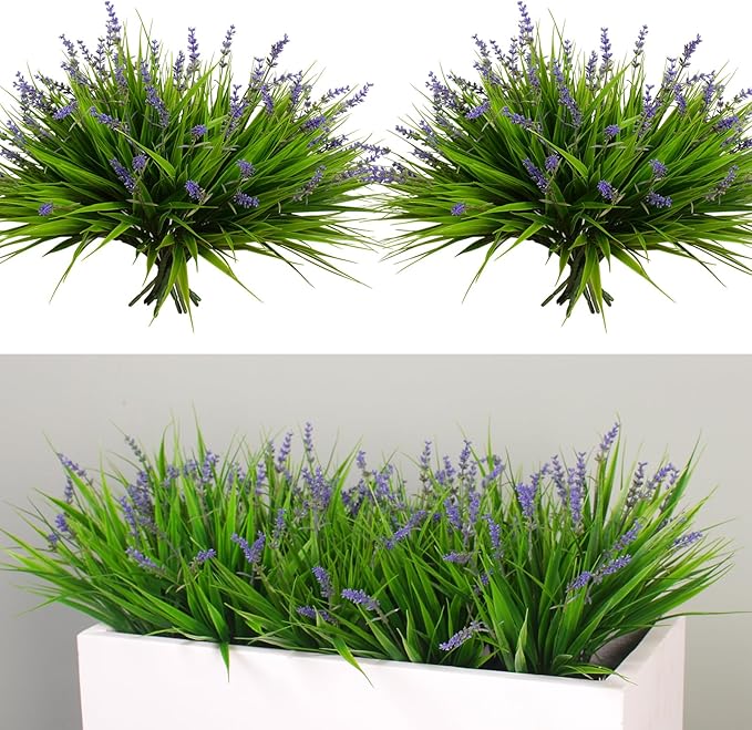 alyptus Artificial Flowers for Outdoors 24 Bundles Fake Monkey Grass Plants Outdoor Plastic Purple Flower Outside Green Leaf Decoration for Patio Pot Décor (24 Bundle Purple Flowers)