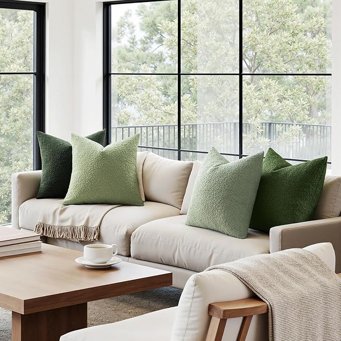 MIULEE Pack of 4 Christmas Decorative Sage Green Textured Boucle Throw Pillow Covers 18x18 Inch Forest Green Accent Solid Pillow Cases Soft Couch Cushion for Modern Farmhouse Boho Bed Room Home Decor