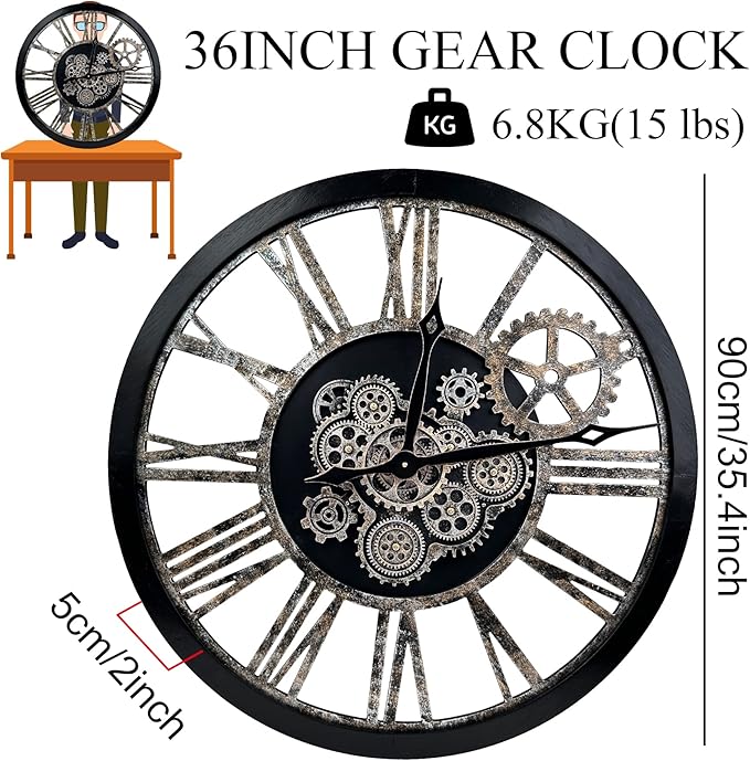 The B-Style 36" Large Moving Gear Wall Clock Oversized Vintage Farmhouse Wall Clocks for Living Room Decor Rustic Industrial Wood Clock (Black and Bronze)