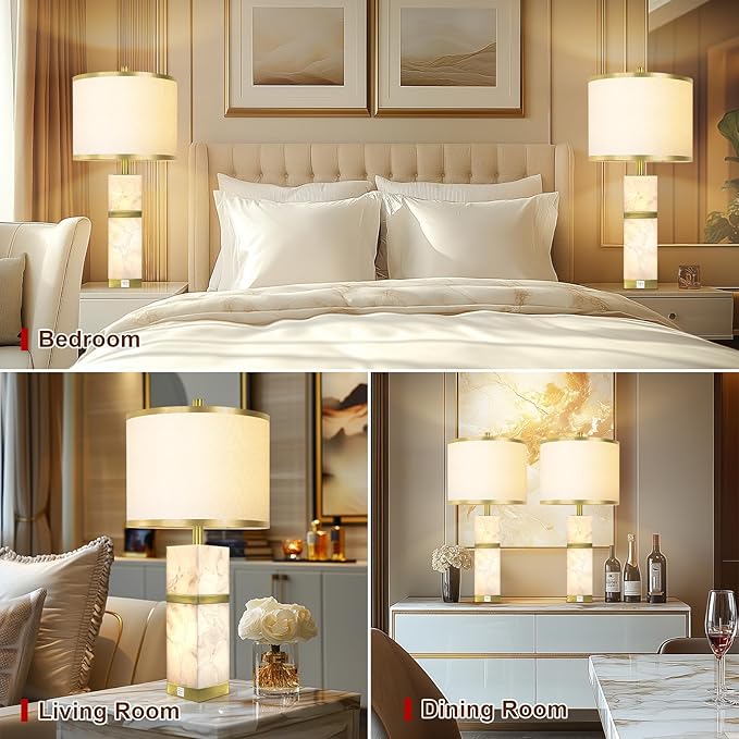 Natural Alabaster Table Lamps Set of 2 - Table Lamp with Night Light for Bedroom,Nightstand Lamps with USB Ports,Bedside Lamps with Linen Fabric Shade for Living Room,Bedroom,Office,Bar(Bulb Included)