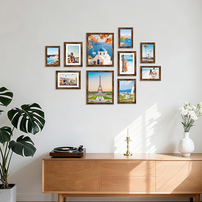 decorUhome Picture Frames Collage Wall Decor for Photo Gallery Display, Assorted Picture Frames set of 10 Including Two 8x10 / Four 5x7 / Four 4x6 for Family Wall Decor, Distressed Brown, 10 Pack