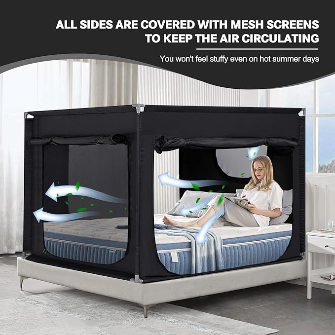 Bed Canopy Portable Blackout Bed Tent Privacy Tent for Adult Indoor Sleeping with 3 Doors, Storage Bag