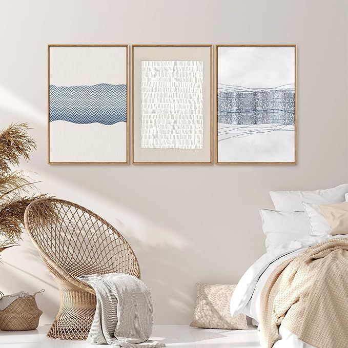 SIGNINART Large Abstract Framed Canvas Wall Art Set of 3, Minimalist Boho Line Art Prints, Modern Neutral Aesthetic Wall Decor, Blue and White Art Paintings for Living Room, Bedroom, Office 16"x24"