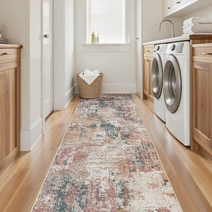 Tortania 3x12 Runner Rug for Entryway: Neutral Washable Soft Thin Area Rugs - Non Slip Indoor Carpet for Hallway Living Room Bedroom Dining Room Office Nursery Home Floor Decoration - Colorful Multi