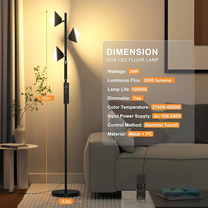 PARTPHONER RGB Tree Floor Lamp for Living Room, Stepless Dimmable Tall Standing Lamp with Remote, Touch Control and 3 Rotatable Light, Bright LED Lights for Bedroom with 4 Color-Changing, Black