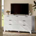 Fluted Dresser with 7 Drawers, 58" Wide Modern Chest of Drawers with Metal Handle, Wooden Dresser TV Stand, Wood Closet Clothes Storage Organizer for Bedroom, Living Room, Hallway, Solid White
