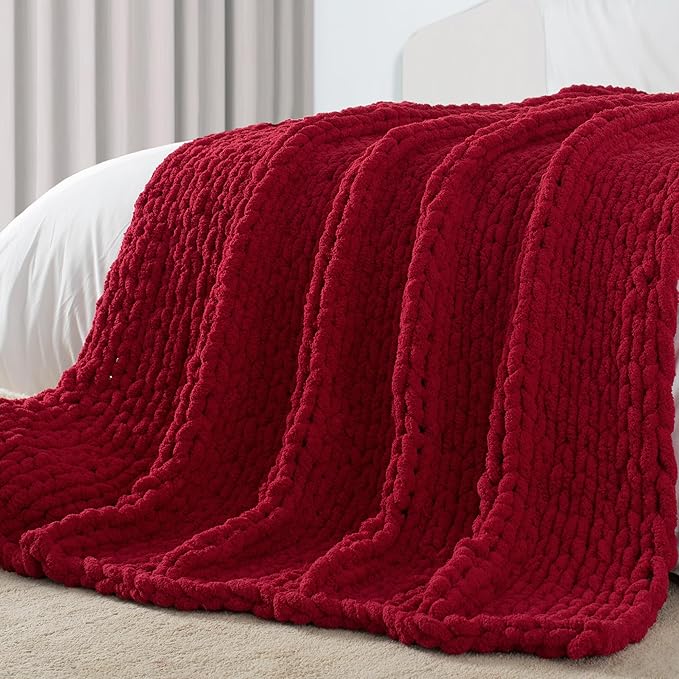 Carriediosa Chunky Knit Throw Blanket 60" X 80" Twin, 100% Hand Made Large Chenille Loop Yarn Soft Fluffy Throws for Couch Sofa Bed, Big Crochet Cozy Heavy Thick Cable Woven Blankets, Red