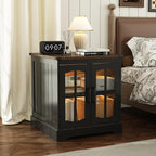 ChooChoo Rustic End Table, 24" Large Sofa Side Table with Charging Station & LED Light, Black Nightstand with Adjustable Storage Shelf, Square Bedside Table for Living Room, Bedroom, Office