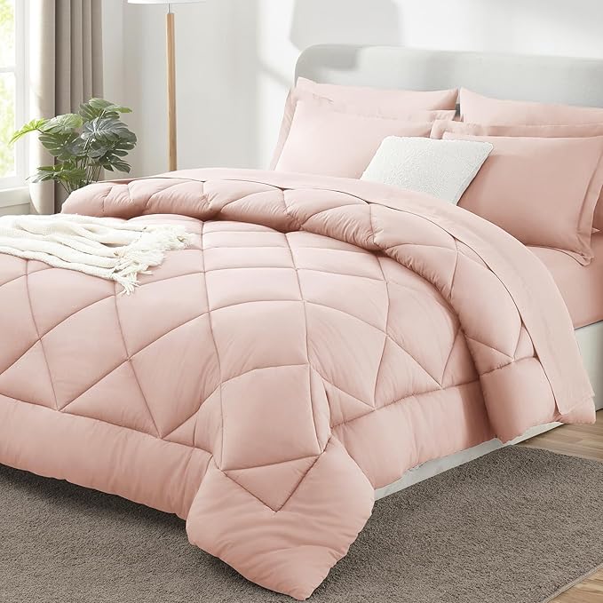 CozyLux Queen Comforter Set Blush Pink - Bed in a Bag Queen Size 7 Pieces, Luxury Soft Bed Set for All Seasons, Bedding Set with Down Alternative Comforter, Sheets, Pillowcases & Shams