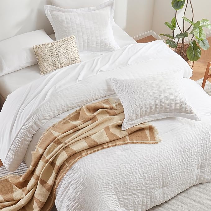 CozyLux Twin Comforter Set with Sheets 5 Pieces, White Seersucker Textured Bed in a Bag for Girls, Luxury Soft Bedding Set with Down Alternative Comforter, Sheets, Pillowcases & Shams for All Seasons