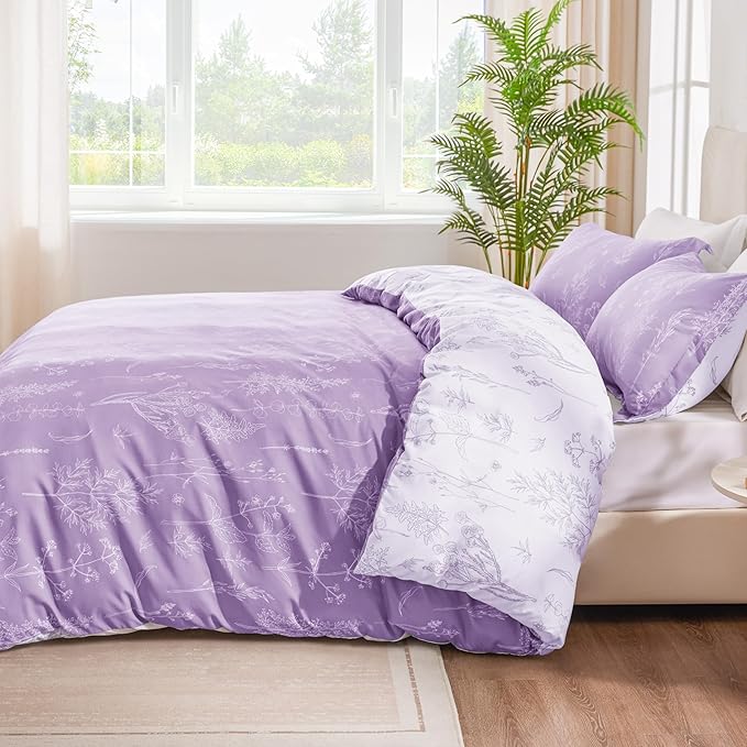 Love's cabin Lavender Full Comforter Set - Full Size Comforter Set, 3 Pieces Cute Floral Bedding Sets for All Seasons,1 Soft Reversible Botanical Flowers Comforter and 2 Pillow Shams