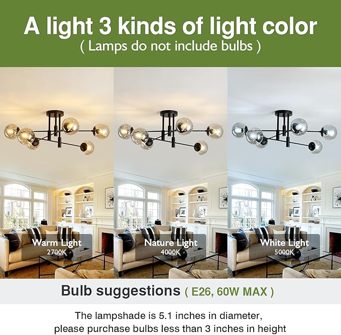 SZXYKEJI 6-Lights Glass Globe Sputnik Chandelier Modern Flush Mount Ceiling Light Fixture Black Farmhouse Lighting for Dining Room Living Room Bedroom Kitchen Passageway.