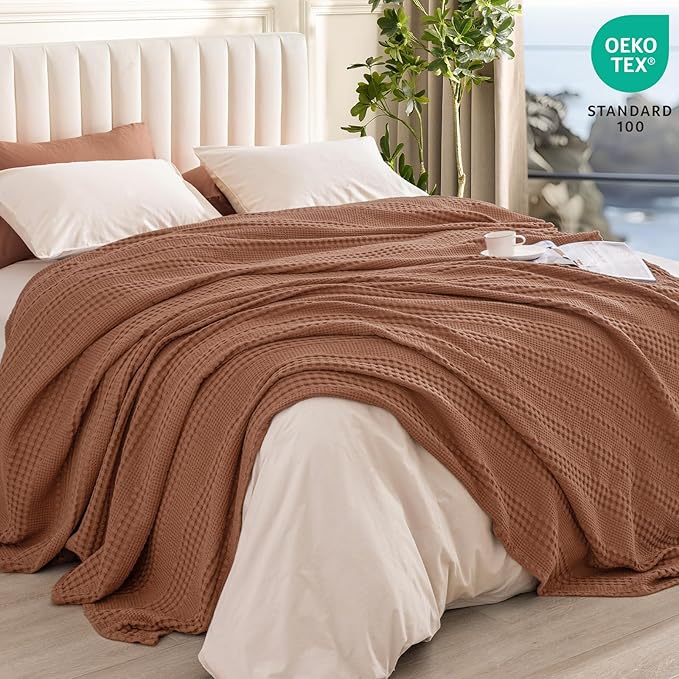 PHF Cooling Waffle Blanket Queen Size,Lightweight 60% Rayon Derived from Bamboo & 40% Cotton Breathable Blanket for Hot Sleepers, Soft and Luxury for Bed Couch and Sofa, 90"x90", Burnt Umber