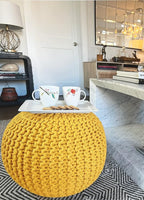 FRELISH DECOR Round Pouf Ottoman Hand Knitted 100% Cotton Pouf Foot Stool - Knitted Bean Bag - Floor Chair for Living Room Bedroom - Foot Rest for Couch (20 Diameter x 14 Height) - Yellow