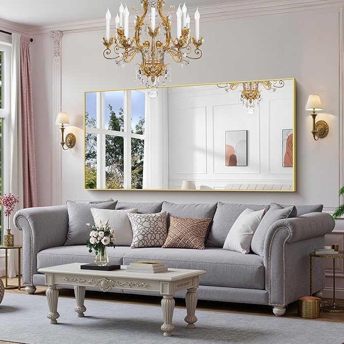 YIROMAN Bathroom Mirror 72"x36", Large Brushed Gold Bathroom Mirror for Over Sink with Aluminum Frame, Rectangular Vanity Mirror with Right Angle, Wall Mirror Hangs Horizontal or Vertical