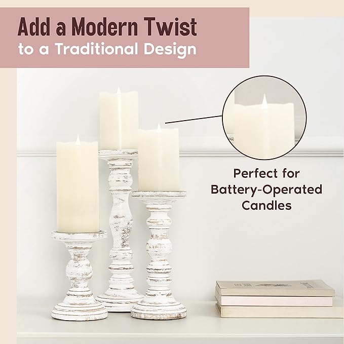Large Candle Holders for Pillar Candles - Rustic Farmhouse Style Home Decor - Perfect for Table Centerpieces, Coffee Table or Fireplace Mantel - 3 Piece Set - White