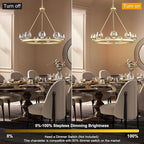 Gold Wagon Wheel Chandelier, 36 Inch Brass Chandeliers with Unique Glass Shade, 9-Light Crystal Farmhouse Wagon Wheel Chandeliers for Dining Room, Round Chandelier for Living Room, Foyer, Entryway